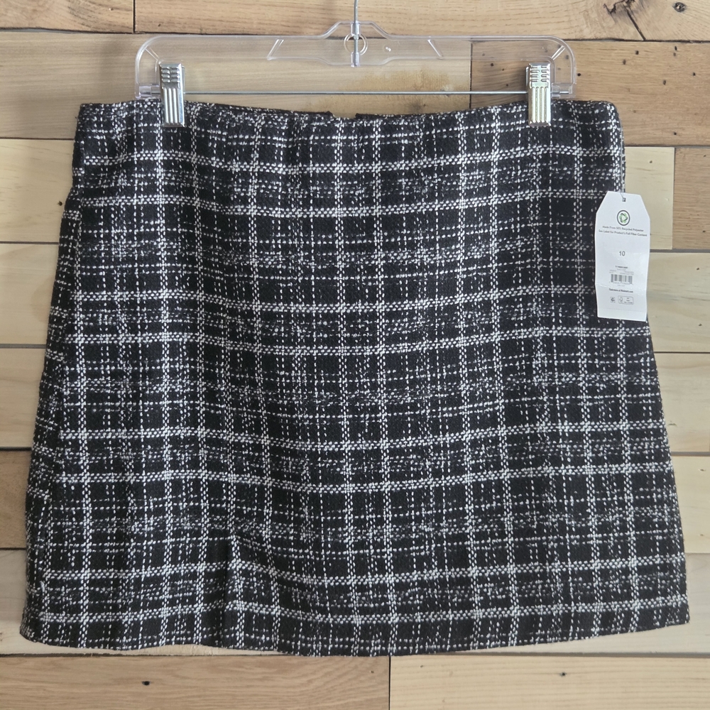 NWT Black & White Plaid Tweed Mini Skirt  Wool Look Side Slit Academia Preppy